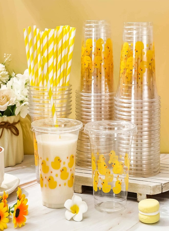 JarThenaAMCS 50Pcs Summer Rubber Duck Plastic Cups with Lids and Straws Cute Duck Clear Plastic Cups 12oz Yellow Disposable Cup for Birthday Baby Shower Party Supplies - Image 4